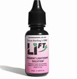 Bottle of Li-FT pigment lightening solution, the saline solution used for treatments